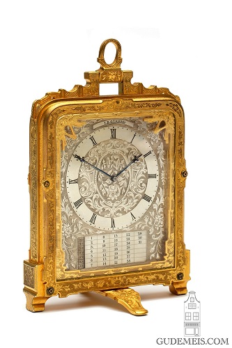 A fine English pre numbered gilt brass engraved strut clock with calendar by Thomas Cole, circa 1845.